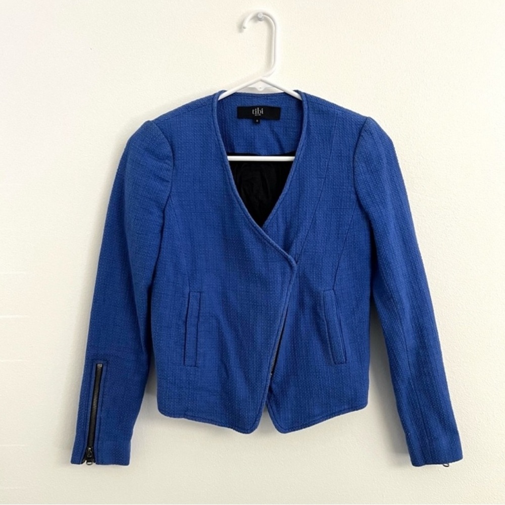 Tibi Blue Moto Cotton Tweed Blazer 0